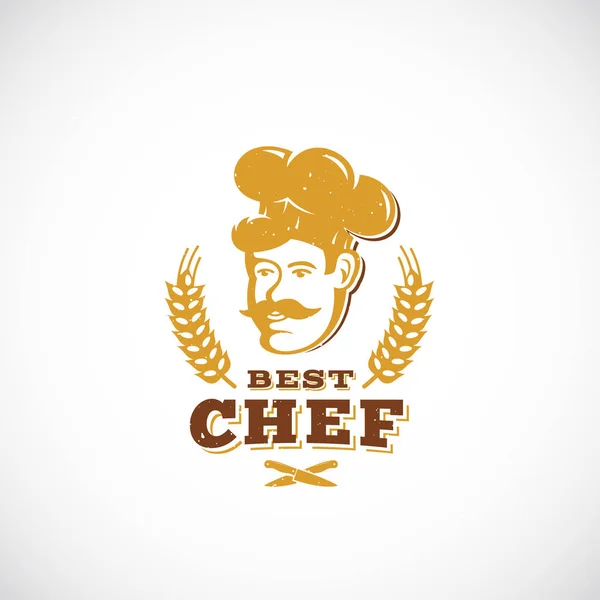 Mejor Chef Abstract Vector Sign, Símbolo o Plantilla Logo. Premio Retro Emblema. Cocinar la cara en un sombrero con Spica y tipografía . — Archivo Imágenes Vectoriales