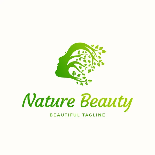 Natura Bellezza Astratto segno vettoriale, emblema o logo modello. Bellissima Donna Viso con Capelli Ricci di Rami con Foglie. Simbolo di stile silhouette con tipografia . — Vettoriale Stock