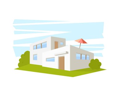 Düz stil Modern mimari ev yeşil çim. Vektör çizim Perspektif Görünümü.