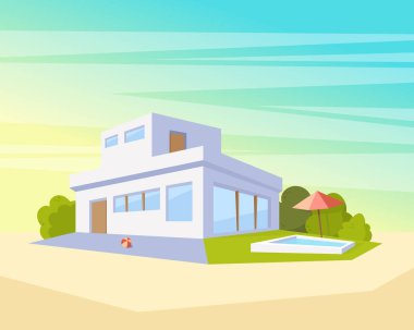 Düz stil Modern mimari House havuzu ve yeşil çim. Güzel manzara vektör çizim Perspektif Görünümü