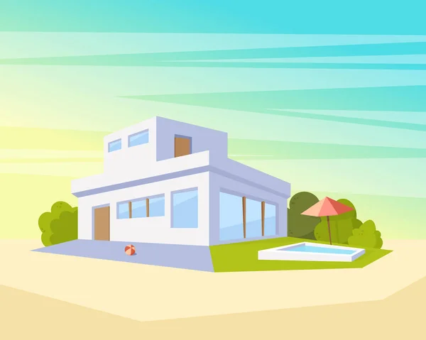 Casa de arquitectura moderna de estilo plano con piscina y césped verde. Hermoso dibujo vectorial del paisaje desde la perspectiva — Vector de stock