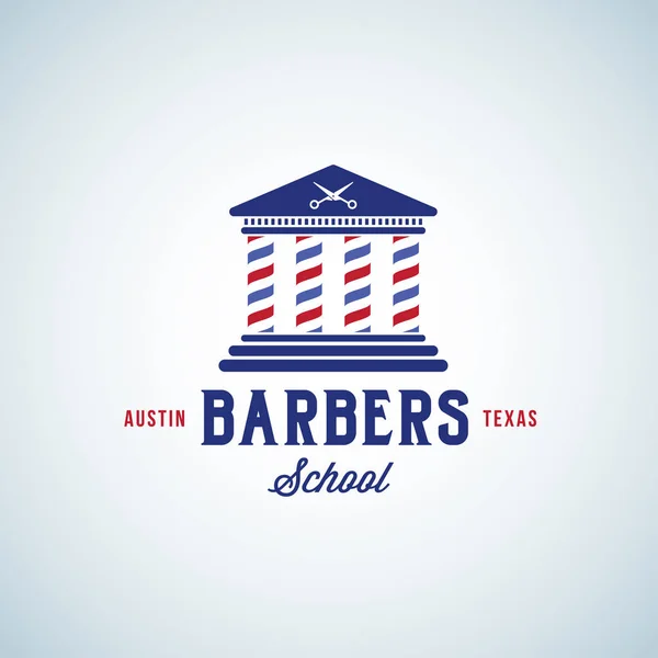 Barbers School Abstract Vector Sign, Emblema ou Modelo de Logo. Edifício da educação com colunas fora de poloneses e tesouras no telhado. Tipografia retrô . — Vetor de Stock