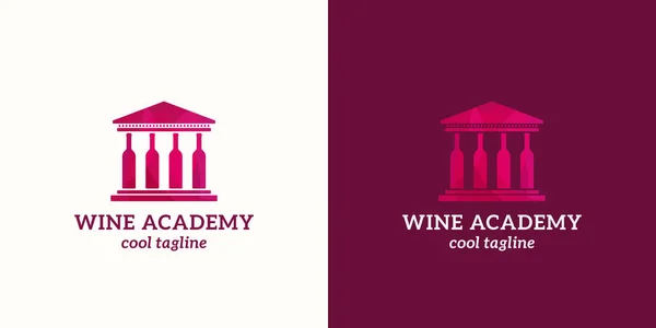 Wine Academy Astratto segno vettoriale, emblema o logo modello. Università o Scuola Edificio con bottiglie di vino Colonne . — Vettoriale Stock