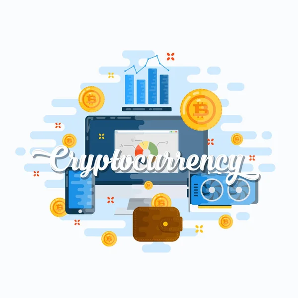 Kryptowährung abstrakten Vektor flachen Stil moderne Illustration. Bitcoin digitale Währung, Elektronik und Infografik-Symbole Konzept. guter Header oder Banner für Ihre Website oder Medien. — Stockvektor