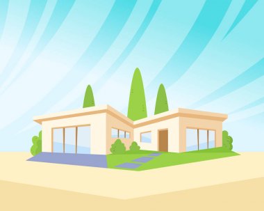 Düz stil Modern mimari ev yeşil çim ve ağaçların. Güzel manzara vektör çizim çizim