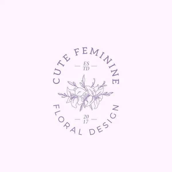 Carino femminile segno vettoriale, simbolo o logo modello. Astratto Retro Illustrazione floreale con tipografia di classe. Emblema di qualità premium per salone di bellezza, SPA, boutique di nozze, ecc . — Vettoriale Stock