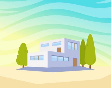 Bahçedeki ağaçlar ile düz stil Modern mimari ev. Güzel bir şehir manzarası vektör çizim çizim