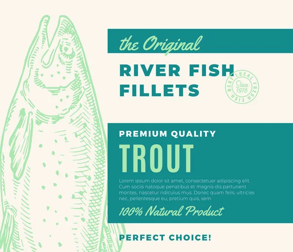 Hochwertige Fischfilets. abstrakte Vektor Fisch Verpackung Design oder Etikett. moderne Typografie und handgezeichnete Forellen-Silhouette-Hintergrundgestaltung — Stockvektor