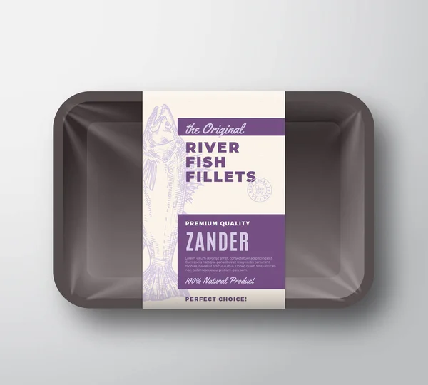 The Original Fish Fillets Abstract Vector Packaging Design Label on Plastic Tray with Cellophane Cover. Modern Typography and Hand Drawn Zander Pikeperch Silhouette Background Layout. — Stock Vector