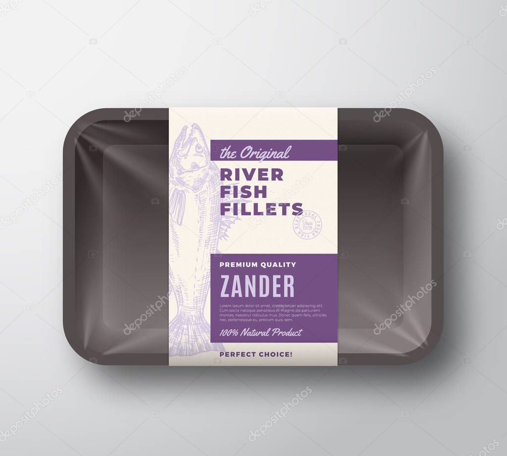The Original Fish Fillets Abstract Vector Packaging Design Label on Plastic Tray with Cellophane Cover. Modern Typography and Hand Drawn Zander Pikeperch Silhouette Background Layout.