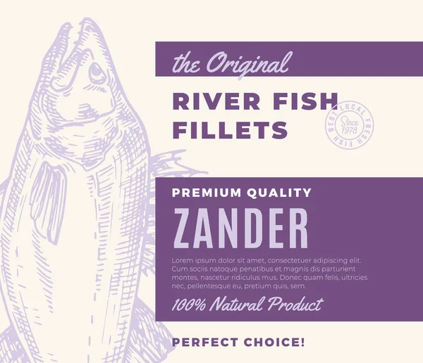 Wysokiej jakości filety rybne. Streszczenie Vector Fish Packaging Design lub Etykieta. Nowoczesna typografia i ręcznie rysowane sylwetki Zander Kontekst układ — Wektor stockowy