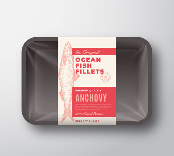 The Original Fish Fillets Abstract Vector Packaging Design Label on Plastic Tray with Cellophane Cover. Modern Typography and Hand Drawn Anchovy Silhouette Background Layout.