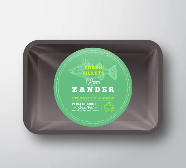 Zander Fillets. Abstract Vector Fish Plastic Tray with Cellophane Cover Packaging Design Round Label or Sticker Retro Typography and Hand Drawn Pikeperch Silhouette Background Layout. — стоковий вектор