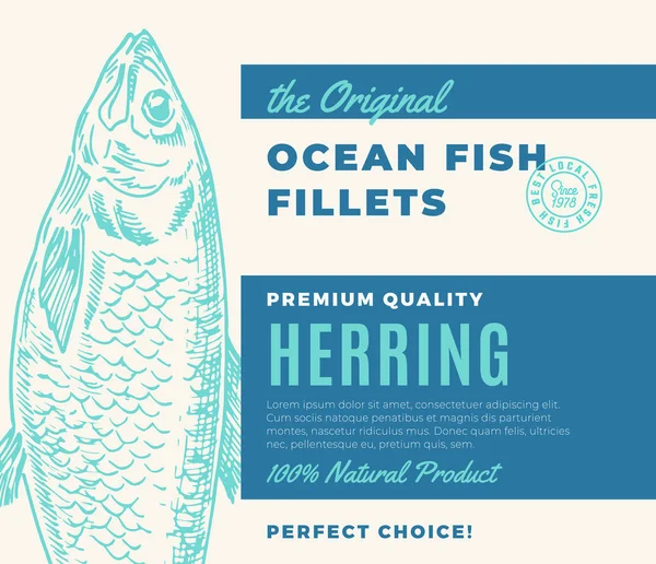 Premium Quality Fish Fillets. Abstract Vector Fish Packaging Design or Label. Modern Typography and Hand Drawn Herring Silhouette Background Layout — 스톡 벡터