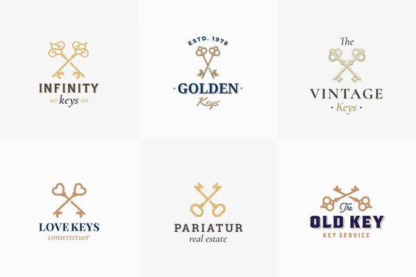 Vektör Retro Anahtar Amblemleri Ayarlandı. Soyut Vektör İşaretleri, Semboller veya Logo Şablonları. Classy Vintage Typography ile Farklı Çapraz Anahtarlar Siluetleri. — Stok Vektör