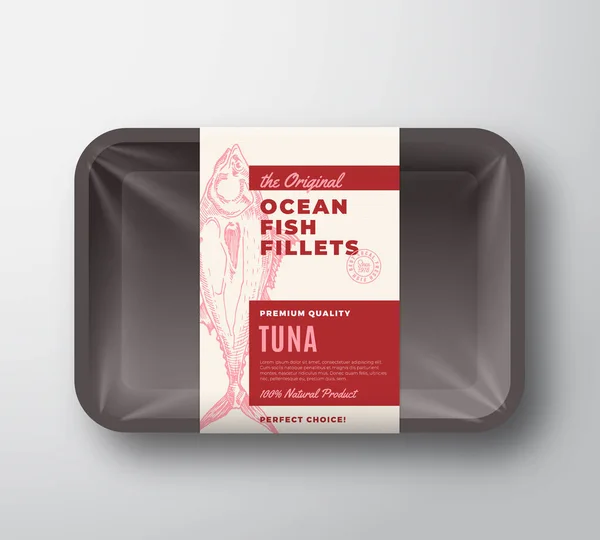 Az Original Fish Fillets Abstract Vector Packaging Design címke műanyag tálcán Celofán borítással. Modern tipográfia és kézzel rajzolt tonhal sziluett háttér elrendezése. — Stock Vector