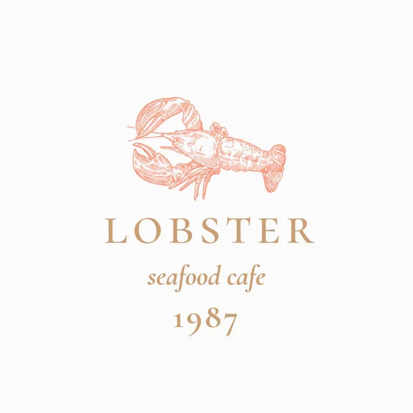 Sinal de vetor abstrato de lagosta, símbolo ou modelo de logotipo. Peixe-cinzento desenhado à mão ou lagosta com tipografia retrô elegante. Vintage Vector Seafood Cafe Emblem . —  Vetores de Stock