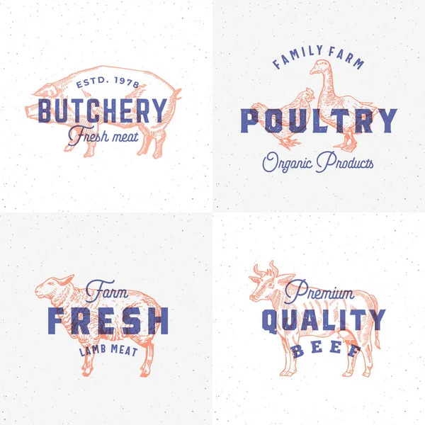 Premium Quality Vintage Meat and Poultry Labels. Retro Print Effect Emblems. Abstract Vector Sign, Symbol or Logo Template Set. Hand Drawn Cow, Pig, Lamb, Goose and Chicken Sillhouettes. — Stock Vector