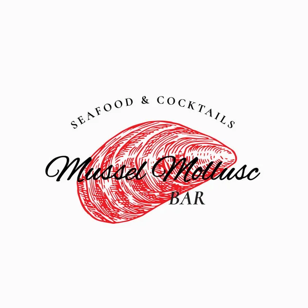 Mussel Mollusc Abstract Vector Sign, Symbol or Logo Template. Hand Drawn Shellfish Mollusc with Premium Classic Typography. Stylish Classy Vector Seafood and Cocktails Emblem Concept. — Stock Vector