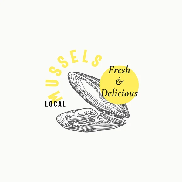 Mussel Lokal Vektor Abstrak Tanda, Simbol atau Logo Templat. Hand Drawn Shellfish Mollusc with Premium Modern Typography (dalam bahasa Inggris). Konsep Emblem Vektor Berkelas Bergaya . - Stok Vektor