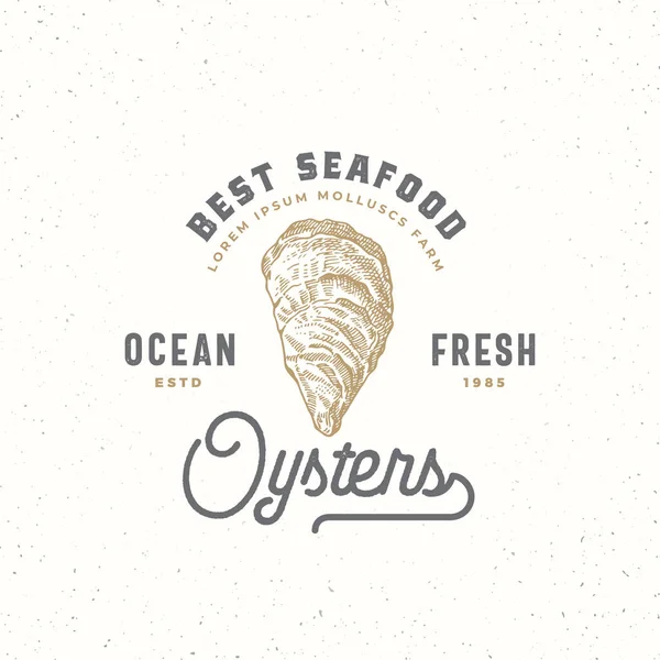 Ocean Fresh Oysters Abstract Vector Sign, Symbol or Logo Template. Molusco de marisco desenhado à mão com tipografia retro premium. Conceito de Emblema de Vetor Vintage . — Vetor de Stock