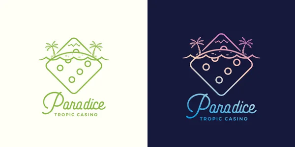 Paradice Tropic Casino Vector Label, Emblem or Logo Template. Gambling Dice Incorporated in Line Style Tropic Island Illustration. Abstract Concept. Gradient and Bright Colors. — Stock vektor
