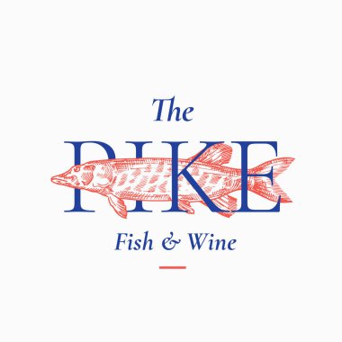 Fish and Wine Abstract Vector Sign, Symbol or Logo Template. Hand Drawn Pike Fish with Classy Retro Typography. Premium Quality Vintage Vector Emblem.