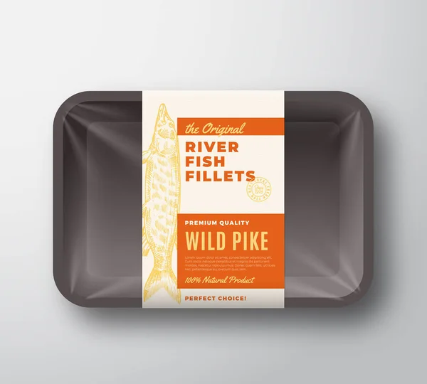 The Original Fish Fillets Abstract Vector Packaging Design Label on Plastic Tray with Cellophane Cover. Modern Typography and Hand Drawn Wild Pike Silhouette Background Layout. — ストックベクタ