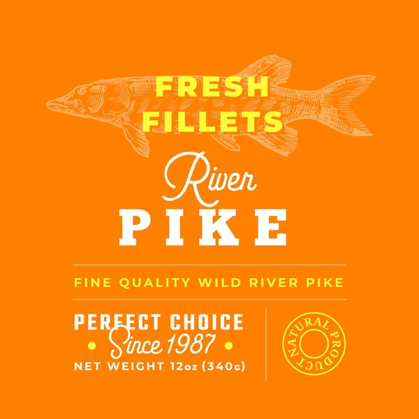 Fresh Fillets Premium Quality Label . Abstract Vector Fish Packaging Design Layout. Retro Typography with Borders and Hand Drawn Pike Silhouette Background — Stock Vector