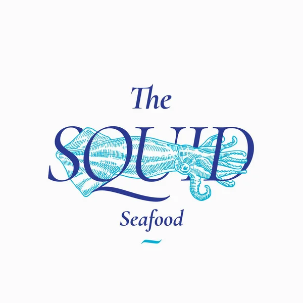 Calamary Seafood Abstract Vectorteken, Symbool of Logo Template. Handgetekende inktvis illustratie met stijlvolle Retro Typografie. Hoogwaardige kwaliteit Vintage vectorembleem. — Stockvector