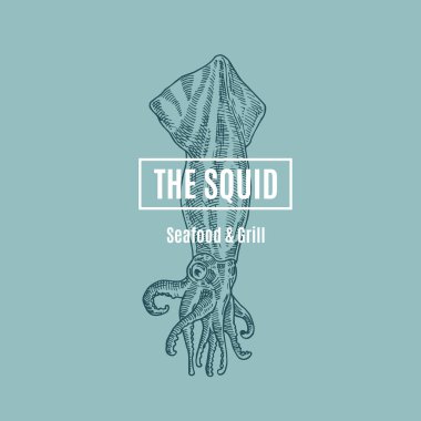 Mürekkep Balığı Deniz Ürünleri ve Izgara. Soyut Vektör İşareti, Sembol veya Logo Şablonu. Klas Retro Typography ile El Çizimi Kalamar İllüstrasyonu. Premium Kalite Vintage Vektör Amblemi.