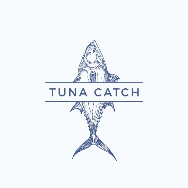Тунец поймал абстрактный векторный знак, или шаблон. "Hand Drawn Tuna Fish with Classy Typography". Винтажный векторный герб для ресторана, кафе, рынка и т.д. . — стоковый вектор