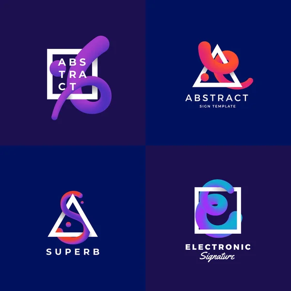 Abstract Signs or Logo Templates Set. Elegant Vector Blend Curve in a Frame with Ultraviolet Gradient and Modern Typography. Dark Blue Background — 图库矢量图片