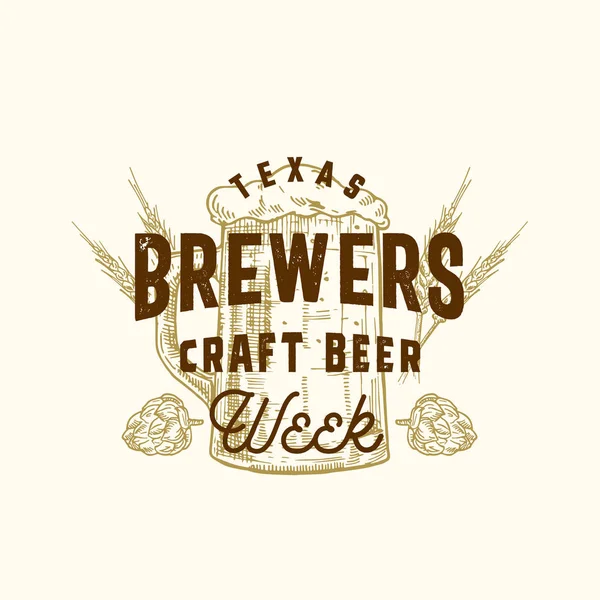 Brewers Craft Beer Week Abstract Vector Sign, Symbol or Logo Template. Hand Drawn Hops and Mug with Classic Typography. Vintage Beer Emblem or Label. — 图库矢量图片