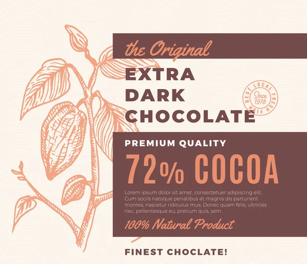 L'étiquette originale Extra Dark Chocolate Abstract Vector Design. Typographie moderne et branche de cacao dessinée à la main avec feuilles et croquis de haricot Disposition de fond de la silhouette . — Image vectorielle