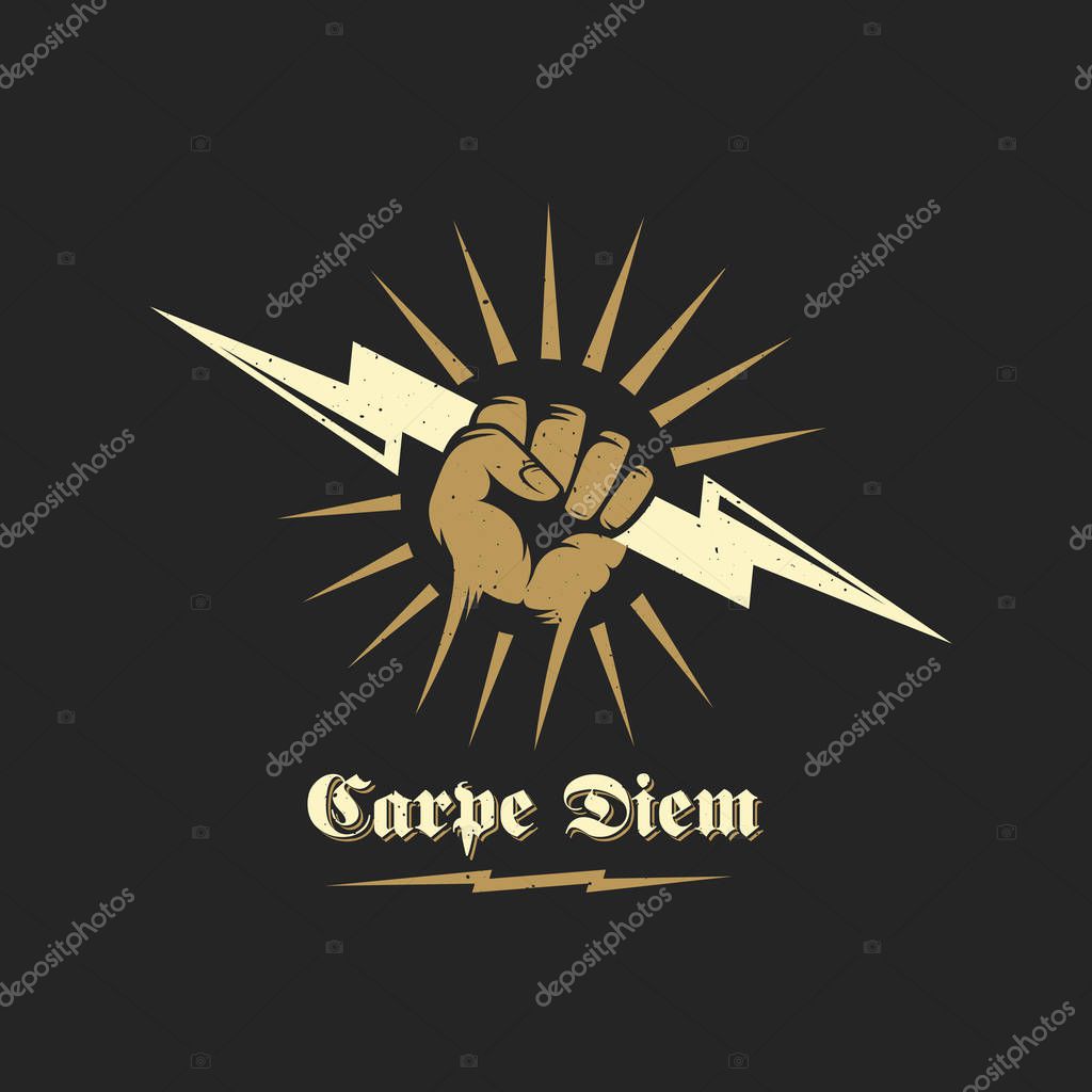 Carpe Diem Abstract Vector Emblem, Symbol or Logo Template. Hand Holding Lightning Bolt Silhouette with Retro Typography. Isolated.