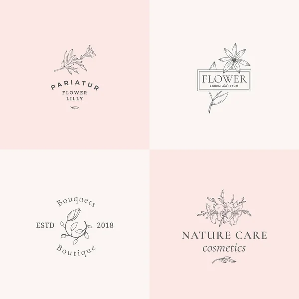 Astratto Segni vettoriali floreali o set di modelli di logo. Illustrazione femminile retrò con tipografia di classe. Emblemi di fiori premium per salone di bellezza, SPA, boutique di nozze, cosmetici per la cura, ecc . — Vettoriale Stock