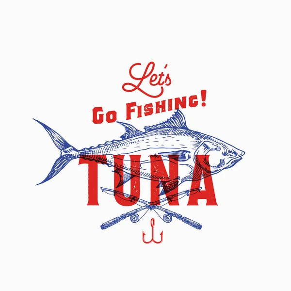 Fishing Tuna. Abstract Vector Sign, Symbol or Logo Template. Hand Drawn Tuna Fish and Fishing Rods with Retro Typography. Vintage Emblem with Retro Print Effect. — Stockvektor