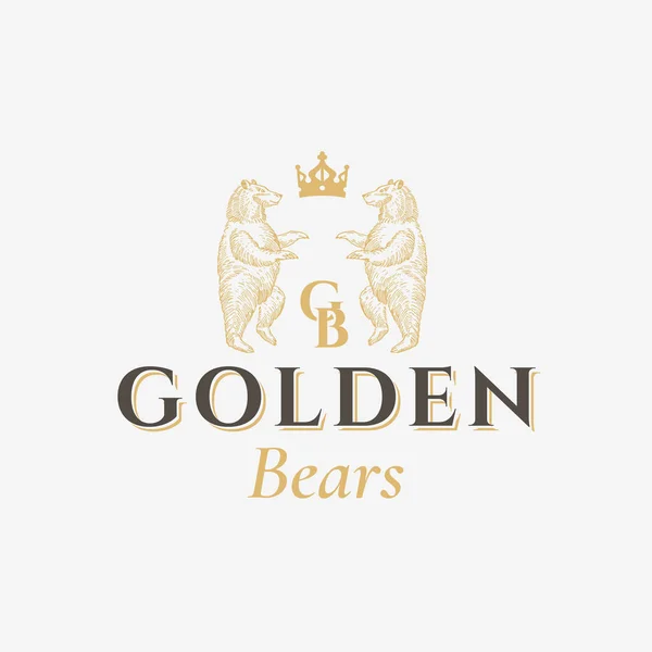 Golden Bears Abstract Vector Sign, Symbol or Logo Template. Hand Drawn Bear Sillhouettes with Classy Retro Typography. Vintage Heraldry Vector Crest or Emblem. — Stockvektor