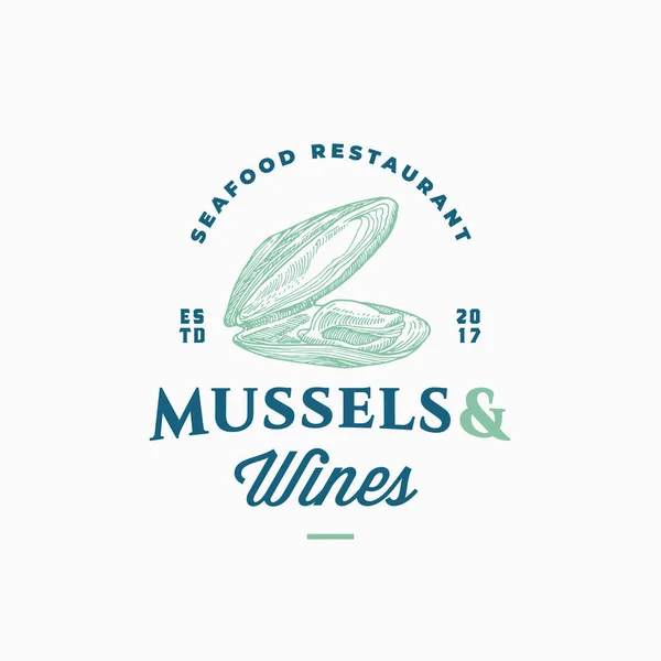 Mussels and Wines Seafood Restaurant Abstract Vector Sign, Symbol or Logo Template. Hand Drawn Opened Mussel Mollusc with Classy Retro Typography. Vintage Vector Emblem. — Stock Vector