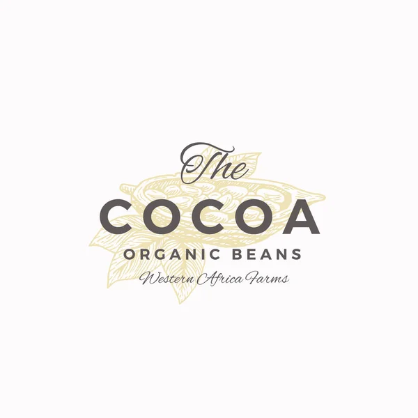 Segno astratto del vettore, simbolo o logo del fagiolo biologico del cacao. Elegante Cacao Bean Half Sillhouette con foglie e tipografia retrò. Emblema di lusso vintage . — Vettoriale Stock