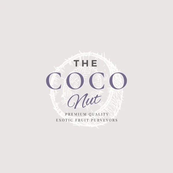 El signo abstracto del vector de los cocos, el símbolo o la plantilla del logotipo. Elegante medio coco dibujado a mano con tipografía retro. Emblema de lujo vintage . — Vector de stock