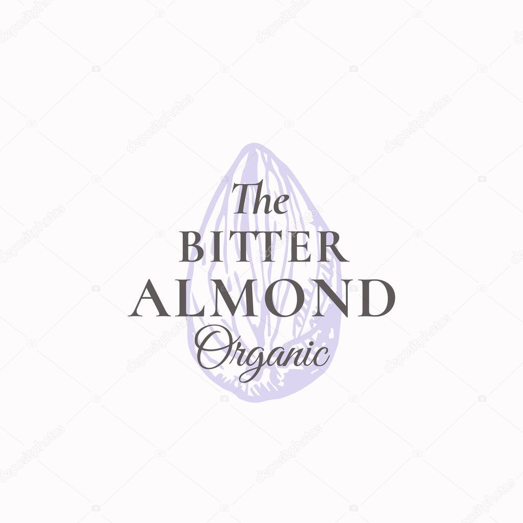 Tiny Bitter Almond Abstract Vector Sign, Symbol or Logo Template. Elegant Almond Nut Sillhouette with Retro Typography. Vintage Luxury Emblem.