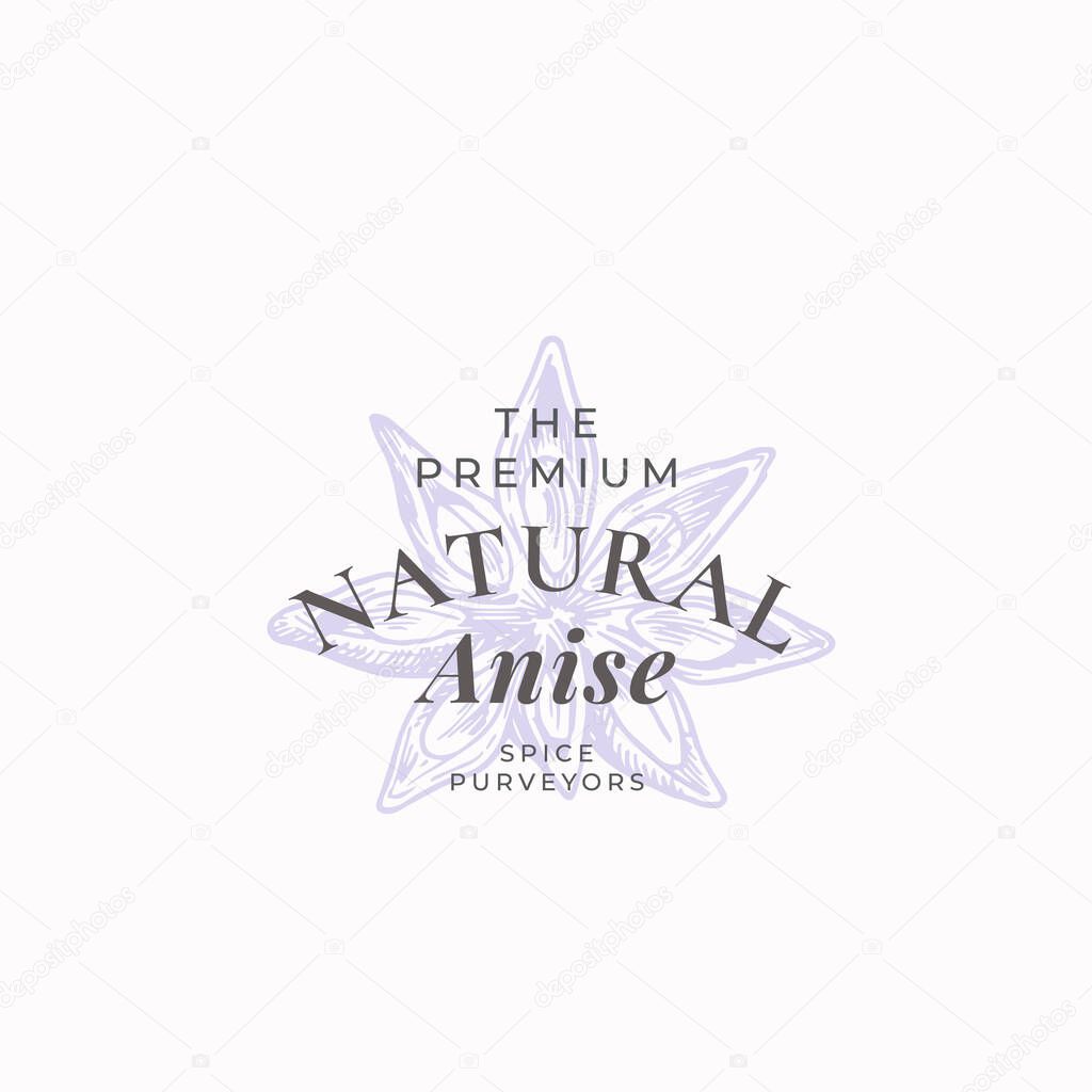 Natural Anise Abstract Vector Sign, Symbol or Logo Template. Elegant Anise Flofer Star Sillhouette with Retro Typography. Vintage Luxury Emblem.