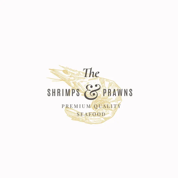 Die Shrimps and Garnelen Farm Abstraktes Vektorzeichen, Symbol oder Logo-Vorlage. Elegante Shrimp Drawing Sketch mit edler Retro-Typografie. Vintage Luxus Emblem. — Stockvektor