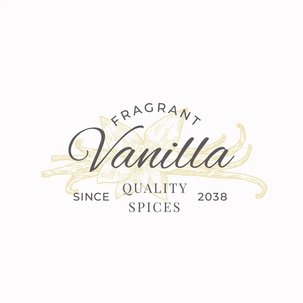 Doftande vanilj Abstrakt vektortecken, symbol eller logotyp mall. Elegant handritad vanilj blomma och klistermärken illhouette med Retro typografi. Vintage Lyx Emblem. — Stock vektor