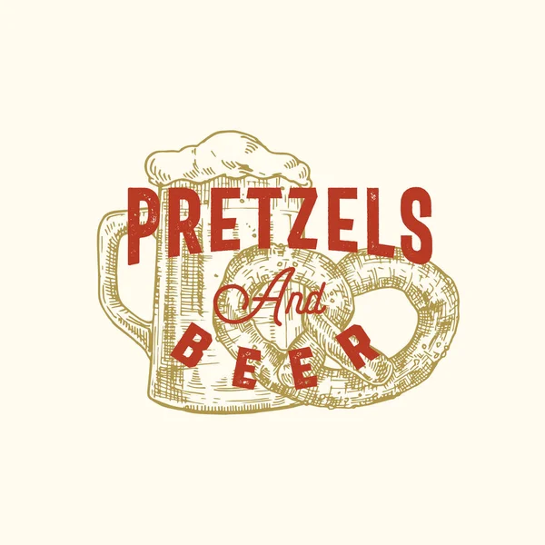 Pretzel e Birra Settimana astratta segno vettoriale, simbolo o logo Template. Pretzel e tazza disegnati a mano con tipografia classica. Emblema o etichetta della birra vintage . — Vettoriale Stock