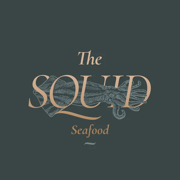 The Squid Seafood Abstract Vector Sign, Symbol or Logo Template (em inglês). Ilustração de lulas desenhadas à mão com tipografia retrô dourada. Emblema de vetor vintage de qualidade premium . — Vetor de Stock