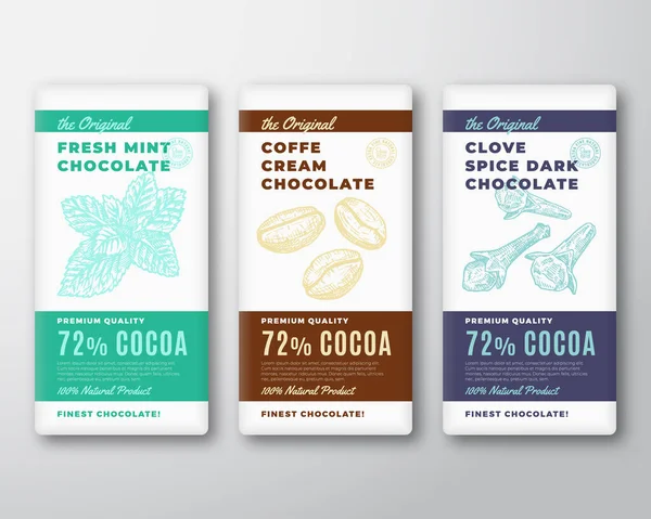 The Original Finest Chocolate Abstract Vector Packaging Design Labels Set (en inglés). Tipografía moderna y granos de menta y café dibujados a mano con clavo Diseños de fondo de silueta de boceto de especias . — Archivo Imágenes Vectoriales