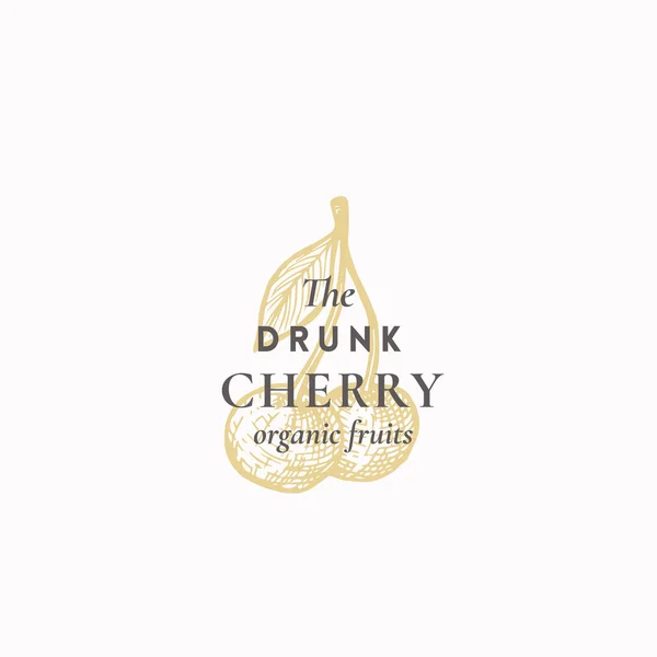 The Drunk Cherry Abstract Vector Sign, Symbol or Logo Template. Two Cherries with Leaf Sketch Sillhouette with Elegant Retro Typography. Vintage Luxury Emblem. — Stock Vector